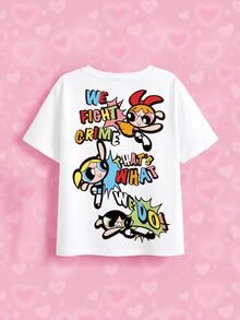THE POWERPUFF GIRLS X SHEIN Tween Girl Cartoon Print Round Neck Short Sleeve Casual T-Shirt - White - View 5