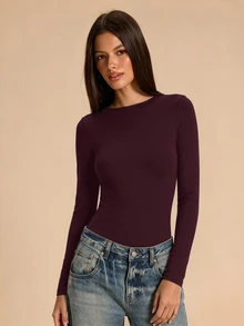 SHEIN BAE 女款純色露背長袖時尚休閒連身衣 - 紫紅色 - 查看 3