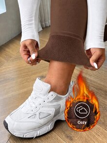 SHEIN EZwear 大尺碼女款純色休閒百搭日常穿著緊身內搭褲 - 咖啡棕 - 查看 4