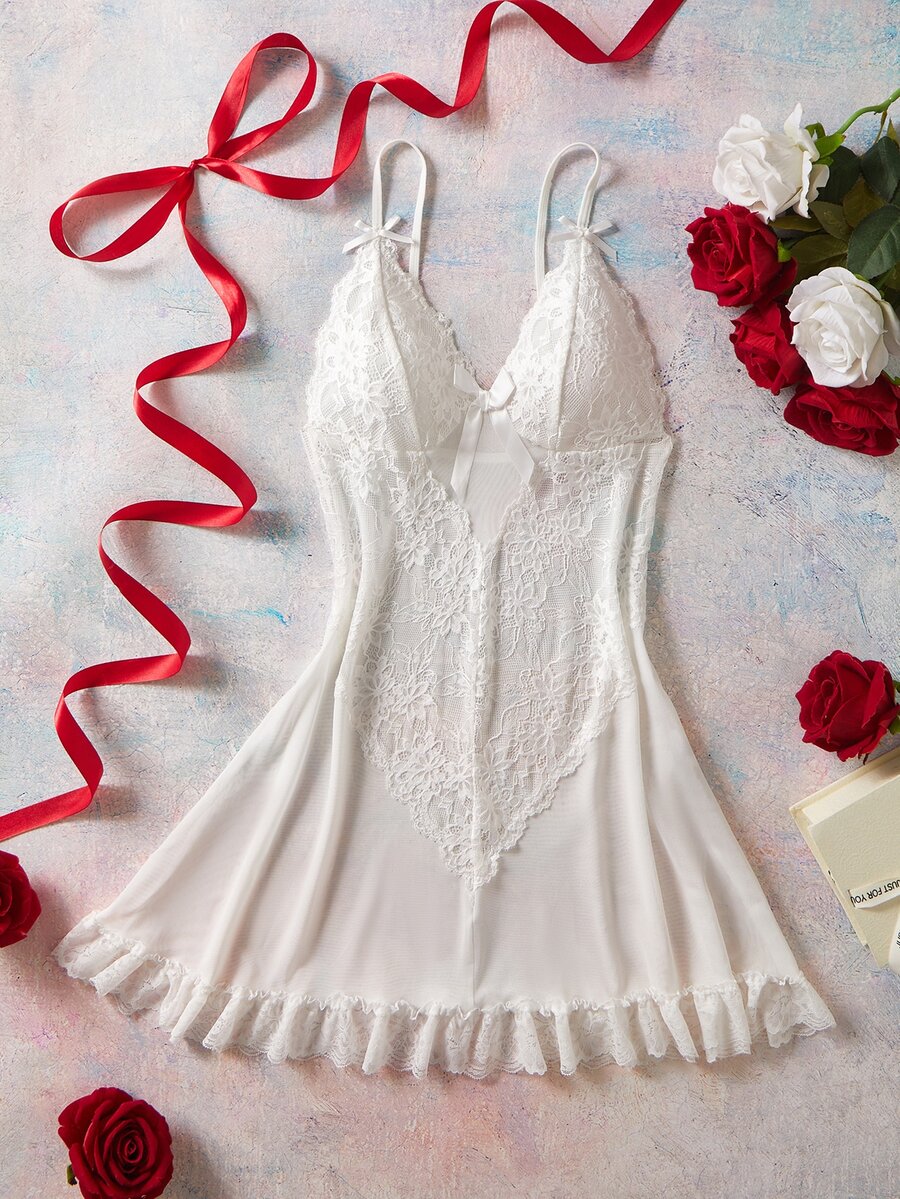 Elorette Women's Bowknot Decor Casual Daily Home Camisole Nightgown - White - View 1