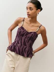 Nöista PRINTED PEPLUM TOP WITH BEADED STRAPS - Red and Black - View 1