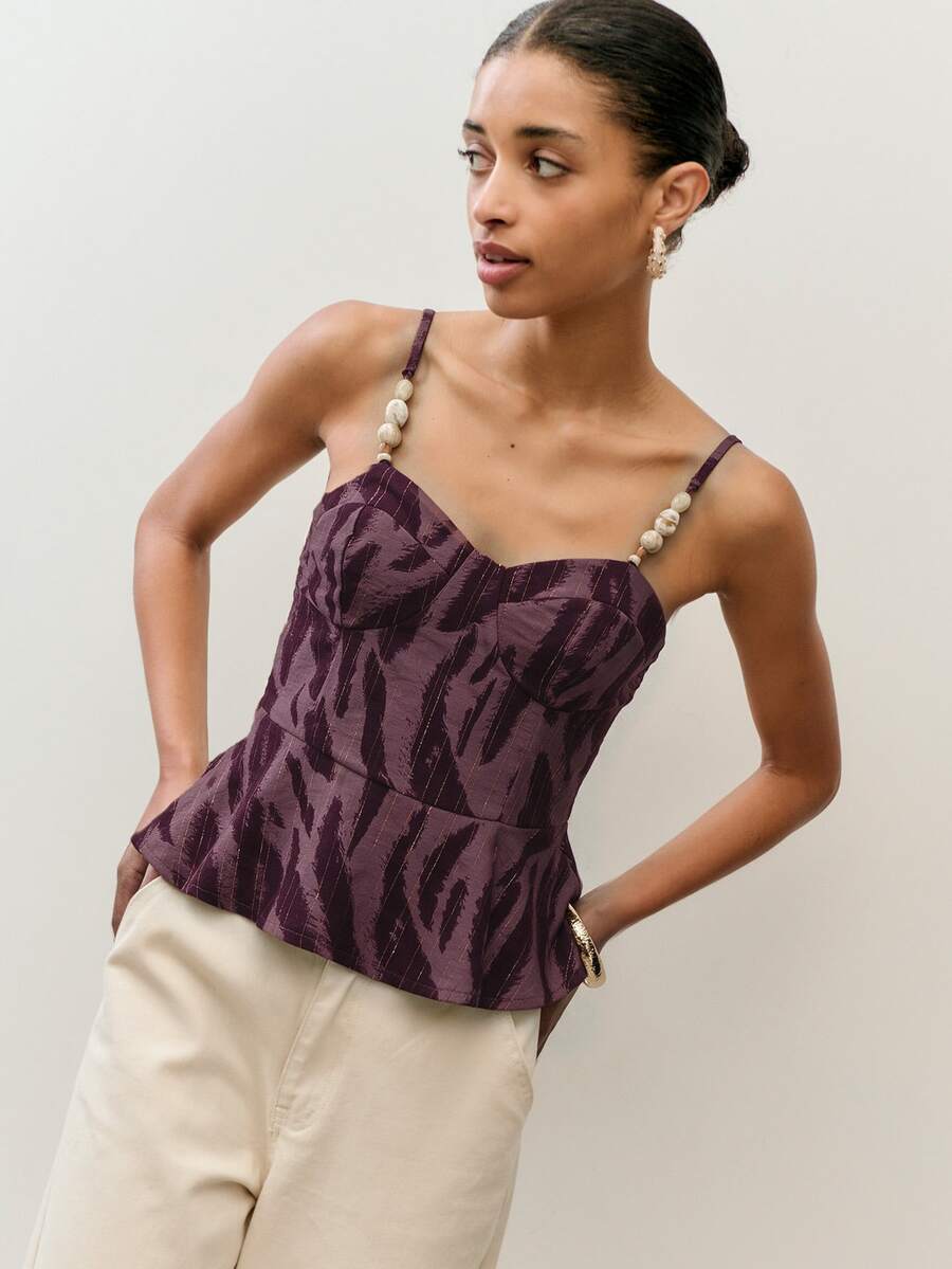Nöista PRINTED PEPLUM TOP WITH BEADED STRAPS - Red and Black - View 1