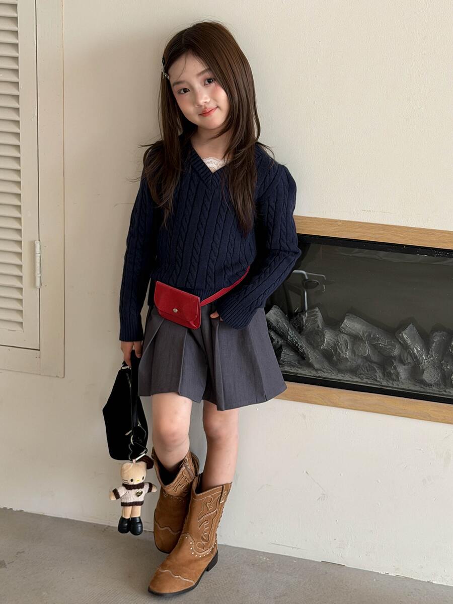 Dazy Kids Tween Girl) V-Neck Cable Knit Fitted Long Sleeve Basic Sweater, Autumn/Winter - Navy Blue - View 1