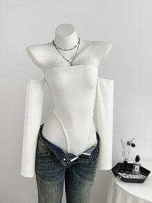 Elamini Women's Autumn/Winter Sexy White Fuzzy Off Shoulder Bandeau Tight Sexy Bodysuit - White - View 5