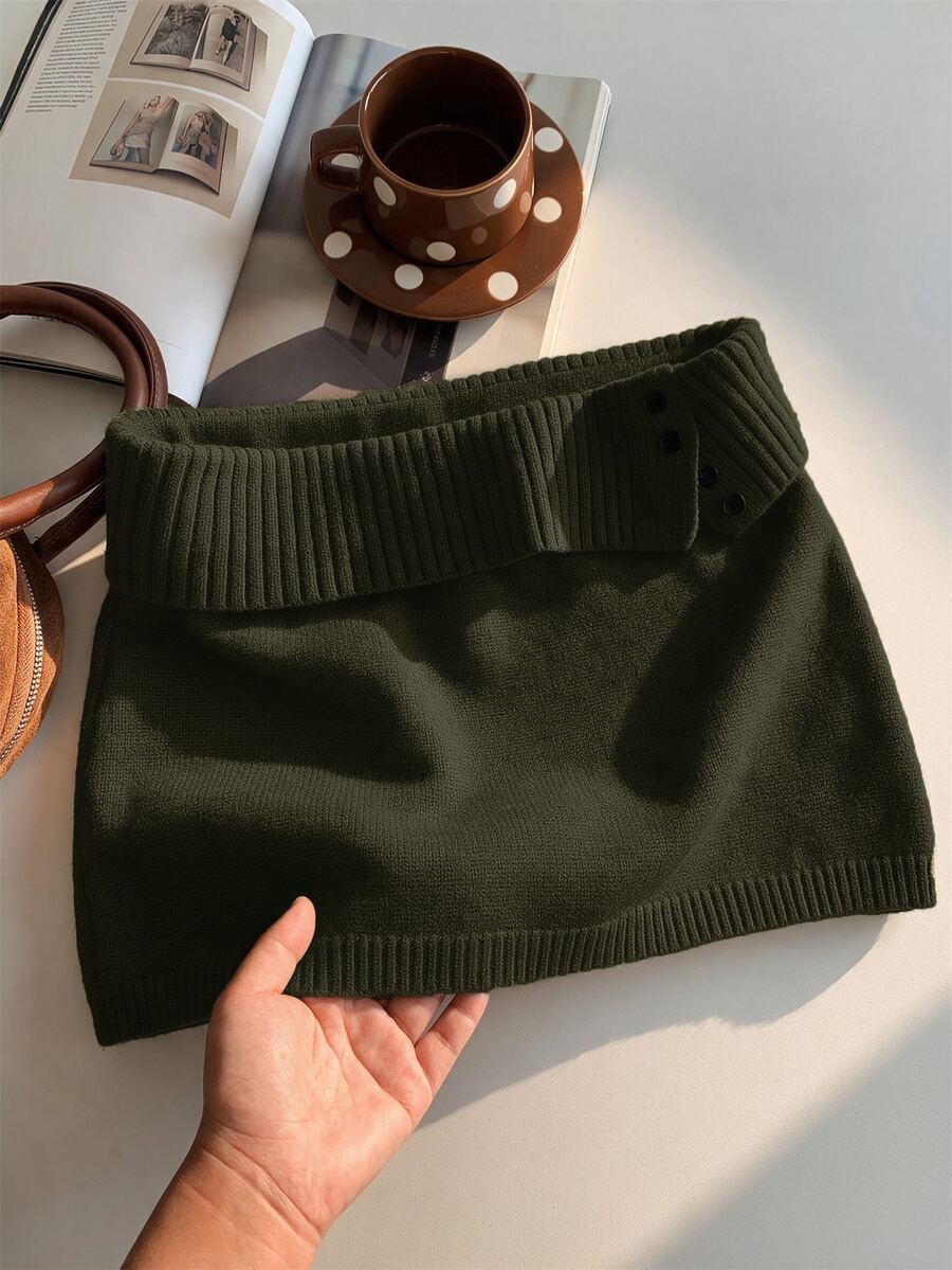 Comfortcana Women's Solid Color Knitted Ribbed Casual Versatile Sweater Skirt, Korean Style In Autumn/ Dark Brown School Travel - Army Green - View 1