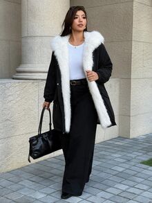 Easura Plus Size Autumn/Winter Long Sleeve Hooded Patchwork Faux Fur Padded Coat - Black - View 3