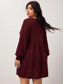 Enliva Plus Size Women Solid Color Pleated V-Neck Casual Everyday Knit Dress - Burgundy - View 2