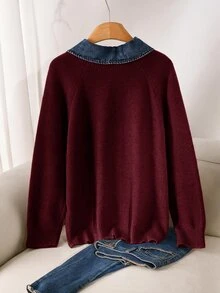 CosyJoli Áo len nữ size lớn phối màu cổ bẻ tay dài phong cách thường ngày cho mùa đông - Đỏ - Xem 4