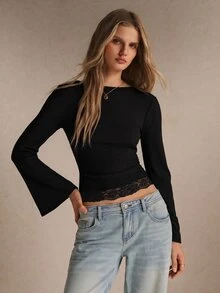 Poéselle Women's Ribbed Backless Top–Slim-Fit Boat-Neck Long-Sleeve Tee With Flared Cuffs, Lace-Trim Hem And Clasp-Strap Open Back Fall/Winter Going Out - Black - View 6