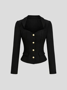 Sweetra Áo blazer nữ tay dài cổ tim cài nút kim loại - màu đen - Xem 3