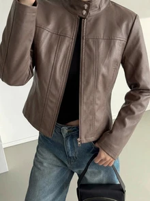 DAZY 女款純色修身立領拉鍊長袖PU夾克，休閒街頭風春秋外套，適合上學與度假 - 棕色 - 查看 2