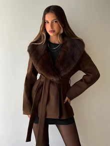 Aloruh Brown Overcoat With Faux Fur Patchwork, Belted Waist, Slimming Autumn/Winter New Style Fall Clothing Autumn Clothes Brown Overcoat Halloween - Mocha Brown - View 5