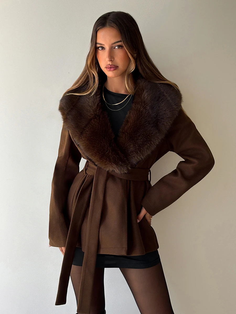 Aloruh Brown Overcoat With Faux Fur Patchwork, Belted Waist, Slimming Autumn/Winter New Style Fall Clothing Autumn Clothes Brown Overcoat Halloween - Mocha Brown - View 1