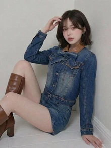 FRIFUL Women's Fashion Bow Decor Button Denim Jacket - Blue - View 5