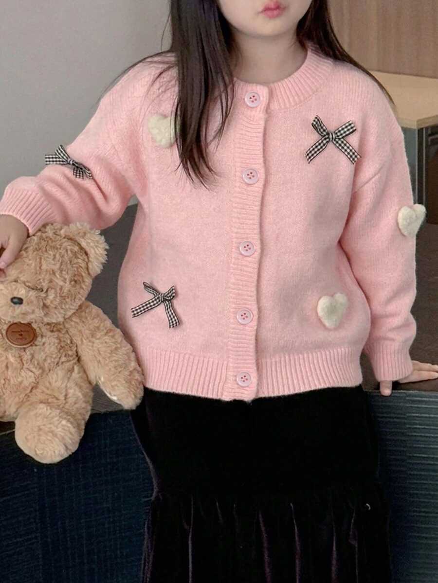 Dazy Kids 少女秋季拼接撞色荷葉邊修身長袖圓領抽繩繫帶休閒開襟衫 - 粉色 - 查看 1