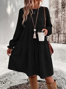 SHEIN VCAY 休閒簡約百搭秋冬純黑色寬鬆圓領大尺碼洋裝，適合日常通勤穿著 - 黑色 - 查看 4