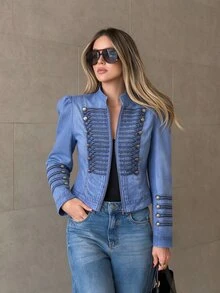 Omancia Women's Vintage Stand Collar Short Jacket, Multiple Metal Buttons, Woven Trim Long Sleeve Fitted Crop Top - Blue - View 3