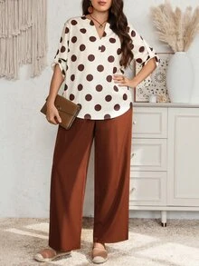 EMERY ROSE Plus Size Women Polka Dot Notch V-Neck Rolled Sleeve Shirt And Long Pants Casual 2 Pieces Set - Multicolor - View 5