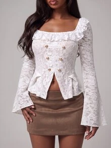 Nooralise Vintage Y2K Sporty Court Style Square Neck Ruffle Lace Fabric Metal Button Slim Fit Mermaid Hem T-Shirt - White - View 3