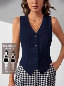 SHEIN Tall Solid Button Front Vest Blazer In Fall/Winter, Tall Women - Navy Blue - View 6