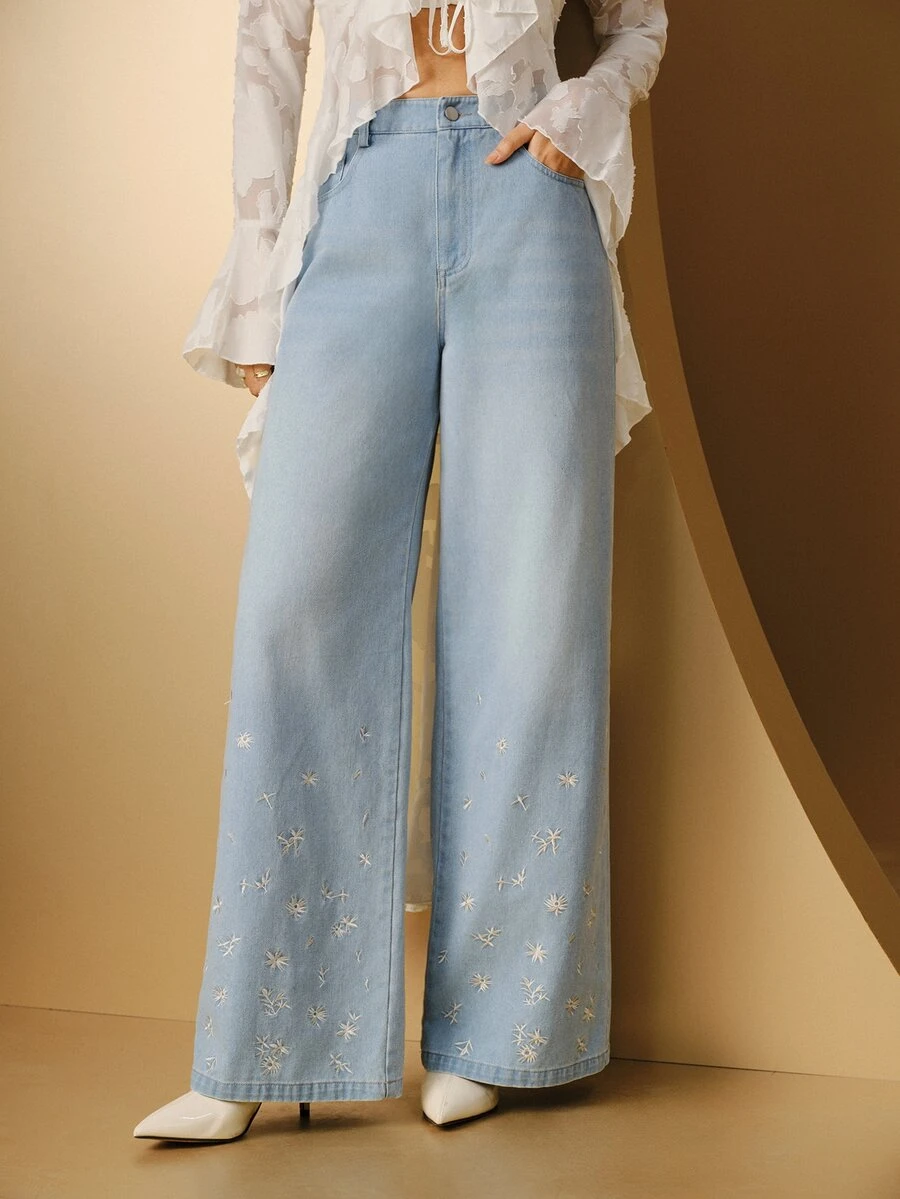 Anewsta Celana Jeans Wanita Musim Semi/Gugur Modern Serbaguna Minimalis dengan Bordir, Model Lebar, Cocok untuk Berpergian, Berbelanja, dan Kencan. - Light Wash - View 1