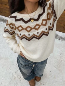 FavEase Women's Autumn/Winter Casual Cute Maple Leaf Fair Isle Pattern Crew Neck Knit Sweater - Multicolor - View 3