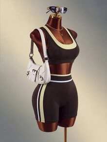 Mistrie 1pc Brown & Yellow Colorblock Tank Top Two-Piece Yoga Sports Set - Multicolor - View 8