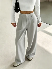Flirla Petite 女款新款冬季長褲，時尚復古休閒直筒褲，適合嬌小女性，適用於辦公穿著，淺灰色 - 淺灰色 - 查看 1