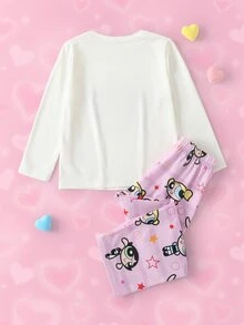 THE POWERPUFF GIRLS X SHEIN 女童卡通印花長袖上衣與長褲家居服套裝 - 粉色 - 查看 2