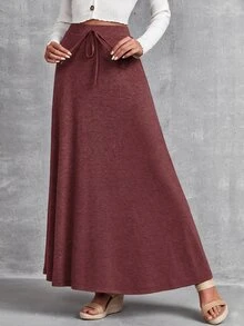 EMERY ROSE Women Solid Color Tie-Waist Long Casual Skirt - Redwood - View 5