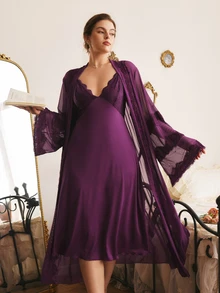 Côtesoire Plus Size Women Lace Patchwork Camisole Dress And Cardigan Casual Sleepwear Set - Purple - View 4