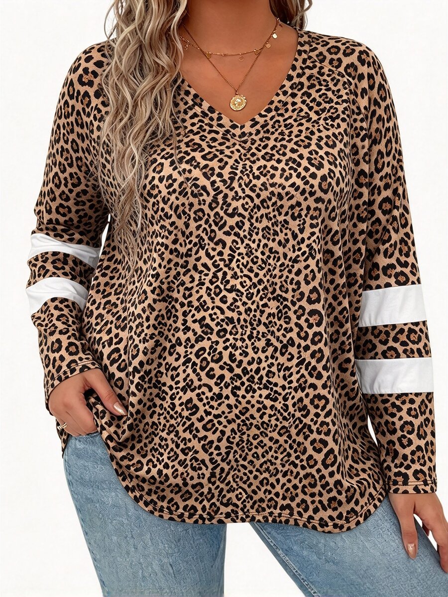 EMERY ROSE Plus Striped Print V Neck Tee Women Tops Fall Cloth For Women - Brown - View 1