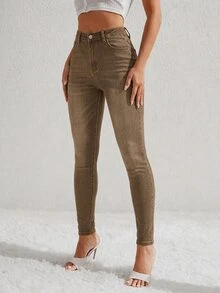 SHEIN Essnce Women's High Waist Pocket Slim Fit Casual Versatile Denim Jeans - Brown - View 3