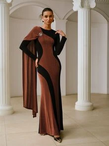 ZEYLAH Women's Colorblock 3D Floral Decor Elegant Patchwork Round Neck Cape Dress - Black - View 5