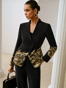 ZEYLAH Women's Designer Sequin Button Long Sleeve Blazer - Black - View 2