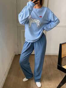DAZY 2pcs/Set Women's Pajama Set With Heart Puppy Pattern Loose Long Sleeve Sweatshirt And Solid Color Straight Leg Long Pants Sleep Light Blue Cute Casual - Blue - View 1