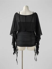 SHEIN CURVE+ Plus Size Women Solid Color Boat Neck Extra Long Sleeve Top And Pleated Cami Dress Set - Black - View 2