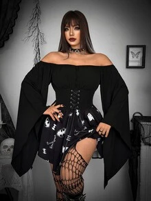 Whyspr BATMAN X SHEIN Plus Size Women Off Shoulder Tie Design Casual Party Dress - Black and White - View 1