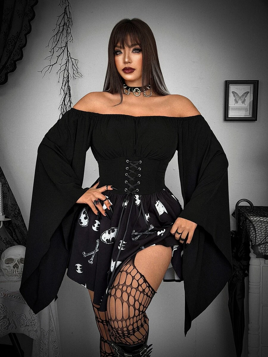 Whyspr BATMAN X SHEIN Plus Size Women Off Shoulder Tie Design Casual Party Dress - Black and White - View 1