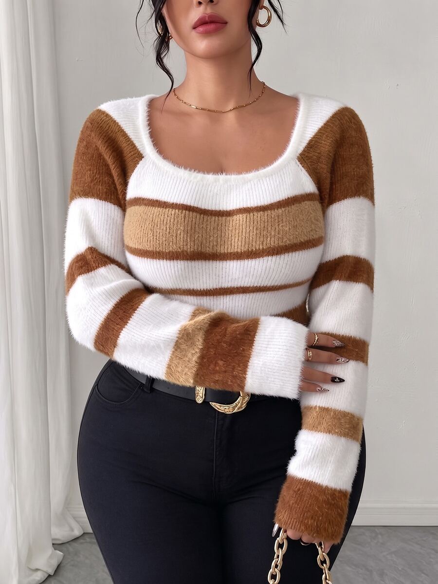 Elenzga Plus Size Casual Color Block Round Neck Raglan Sleeve Fitted Sweater, Autumn/Winter - Camel - View 1