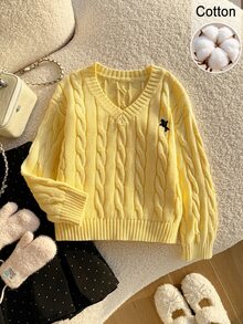SHEIN Baby Girl V-Neck Knit Pullover Sweater With Twisted Rope Design And Embroidered Pattern, Cute Delicate Stylish Casual Daily Wear Suitable For Outings And School - Yellow - View 8