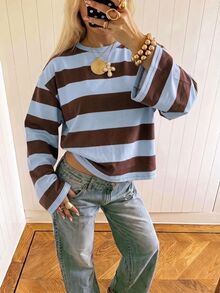 SHEIN EZwear Women's Colorblock Casual Everyday Long Sleeve T-Shirt - Multicolor - View 3