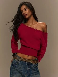 TypaGal Fall Winter Y2k Sexy Going Out Basic Chic Party Halloween Luxury Red Christmas Women's Asymmetrical Shoulder Long Sleeve Button Design Sweater - Burgundy - View 7