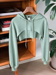 SHEIN EZwear 抽繩細節超短版連帽衛衣－黑白配色，秋冬長袖上衣 - 薄荷綠 - 查看 7