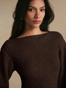 Poéselle 女款優雅羅紋提花不對稱下擺保暖毛衣，秋冬針織上衣，適合上班、約會、度假、派對與節日穿搭 - 棕色 - 查看 5