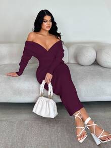 SHEIN SXY 女款優雅性感深V領露肩長袖修身針織洋裝，深紫色羅紋緊身中長洋裝，時尚秋季約會外出夜生活穿搭 - 紫色 - 查看 3
