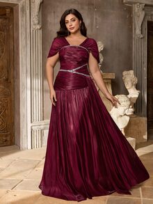 Elitara Plus Size Elegant Romantic Glamorous Navy Blue Off Shoulder Handmade Rhinestone Chain Patchwork Ruched A-Line Evening Gown, Suitable For Evening Party, Date, Ball, Vacation, Wedding Event, Guest Dress - Red - View 4