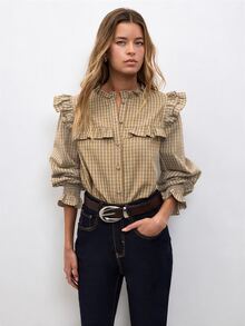 Nöista Áo sơ mi nữ kẻ sọc phối patchwork bèo nhún cài nút đơn phong cách thường ngày - Màu vàng - Xem 2