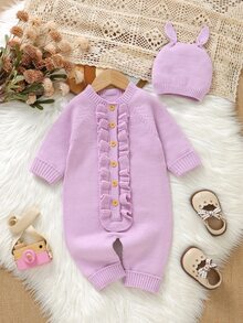 SHEIN 嬰兒/幼兒女童淺粉色可愛秋季休閒荷葉邊針織連身衣，附帽子西班牙風嬰兒女童連身衣 - 淡紫色 - 查看 6