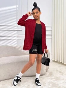 SHEIN 青少年女孩針織長袖口袋黑色輕量透氣經典易打理親膚開襟衫休閒穿搭，秋冬款 - 紅色 - 查看 5